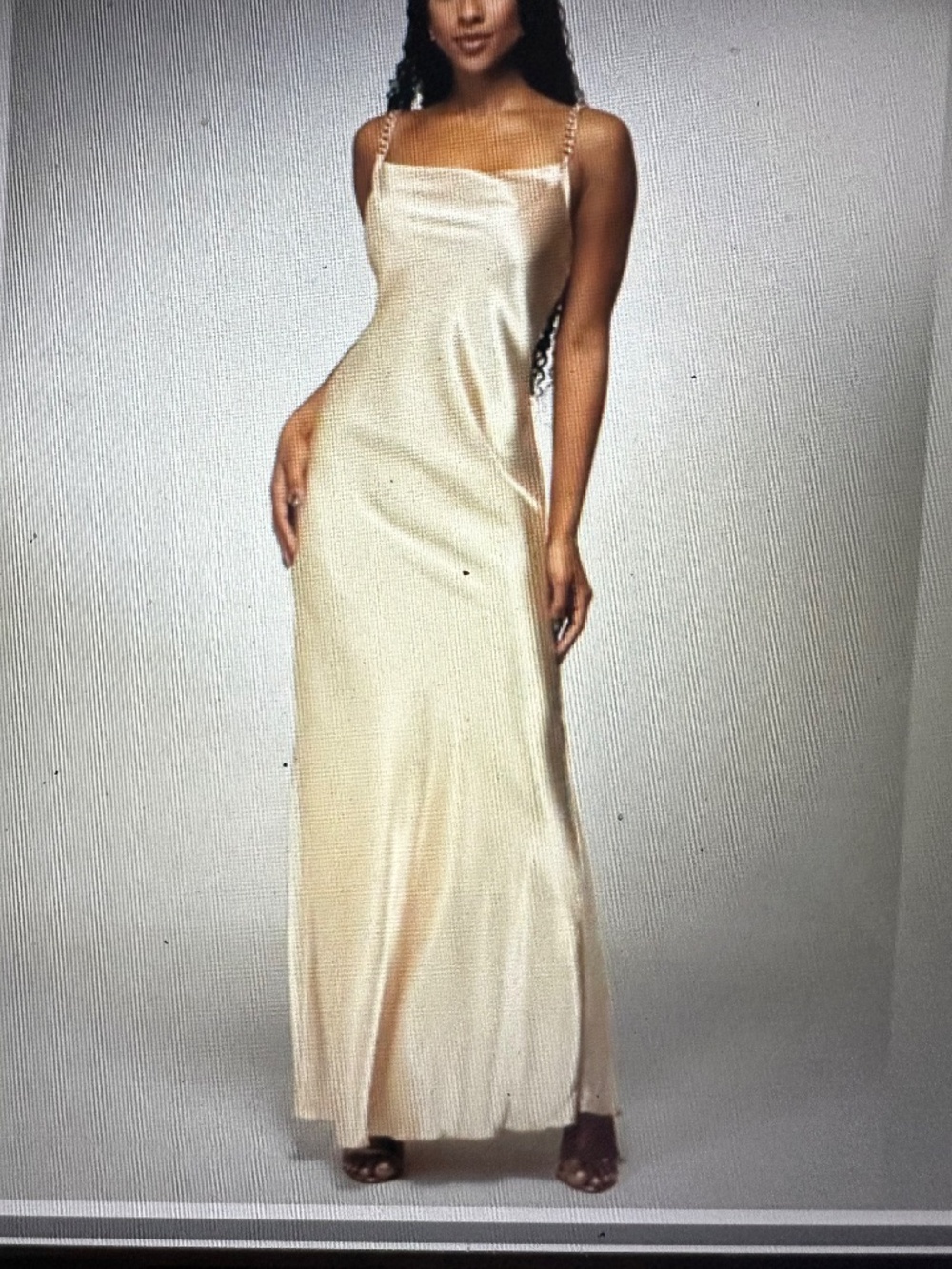 NWT CHAMPAGNE BEBE X Ciara Satin Maxi DRESS GOWN CHAIN STRAPS sz Large